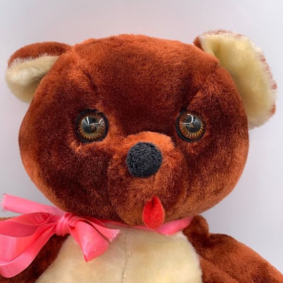 Vintage Rushton Company Teddy Bear 22" Brown & Cream Plush Pink Bow 1950s/60s - Picture 2 of 9